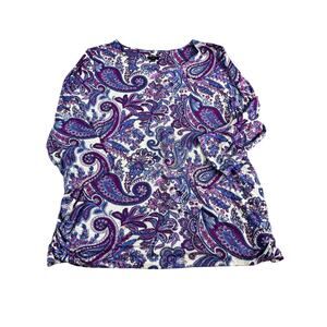 Talbots Plus 3X Paisley Tunic Top Purple Blue Rayon Ruched Sides Draped Hem